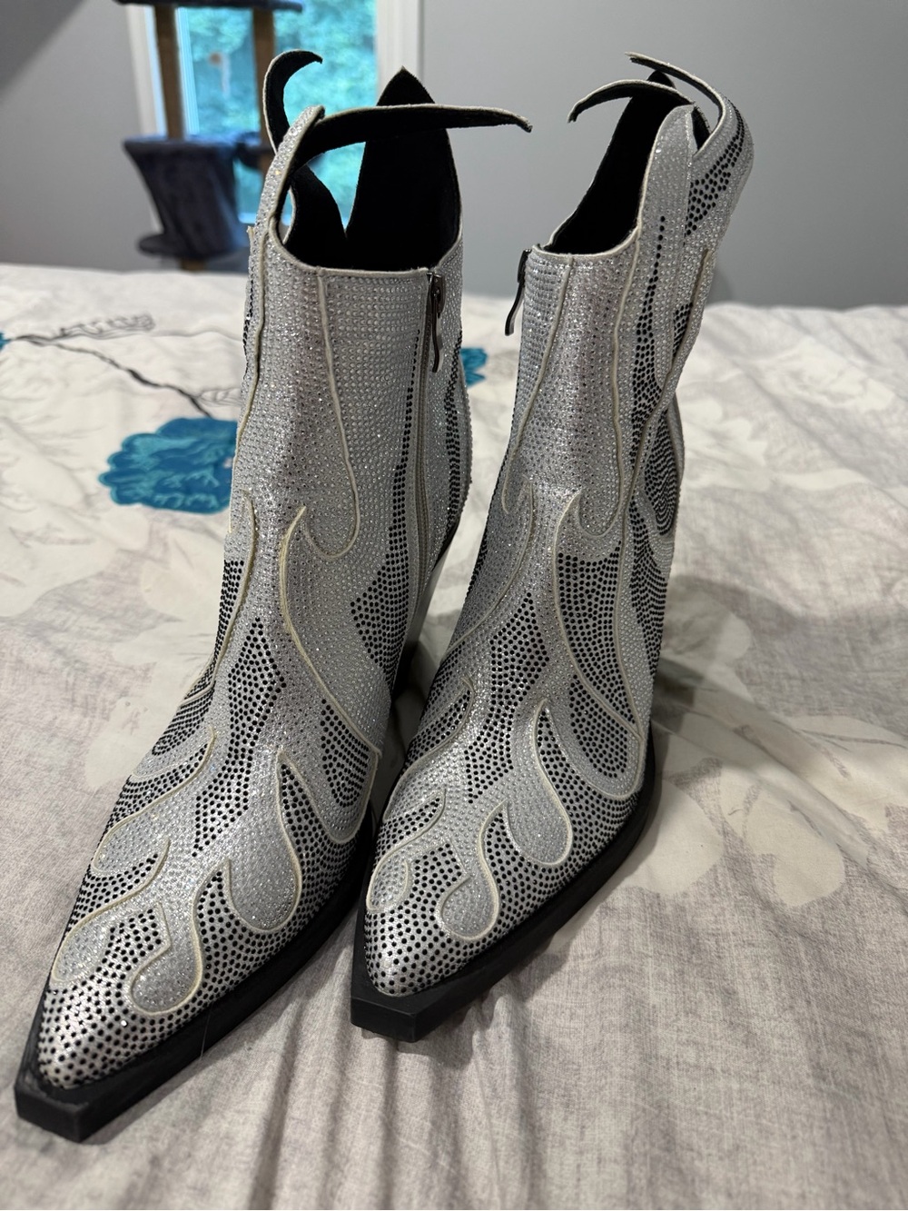 Metallic Silver Flame Western Ankle Boots for Women